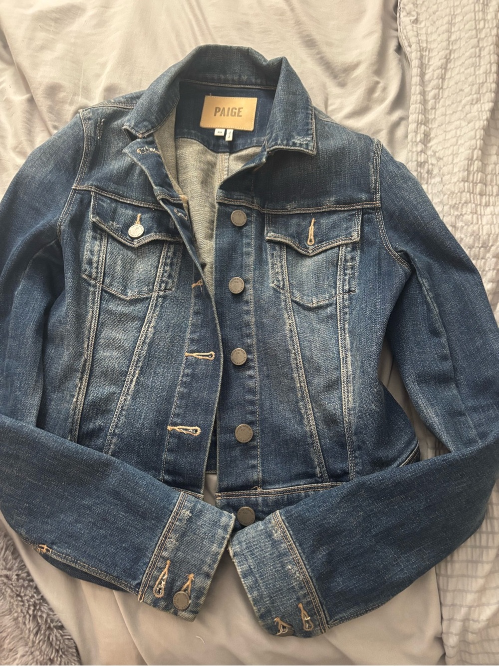 PAIGE Distressed Blue Denim Trucker Jacket